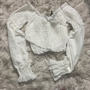 Parisian Works Cream Smocked Ruffled Long Sleeve Blouse